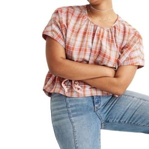 Madewell Plaid Shirred-Neck Boxy Top. Size XXL. Multiple colors red.